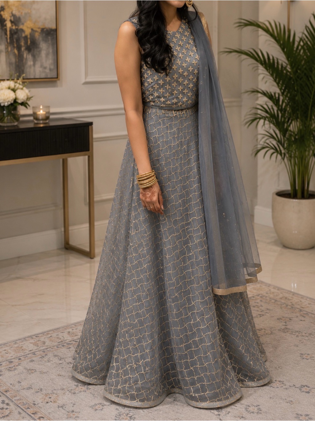 Embellished Grey-Blue Lehenga With Gold Accents